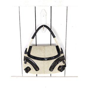 Vintage ivory black twill cotton shoulder rope bag